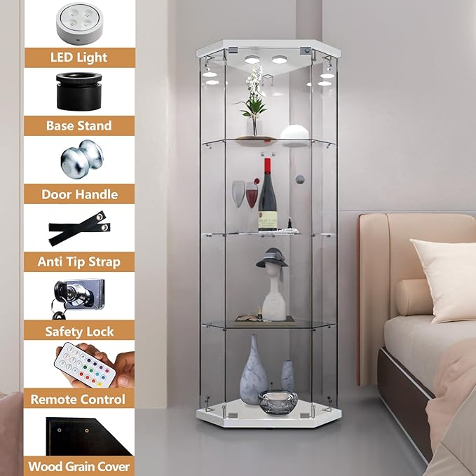LFT HUIMEI2Y Glass Display Corner Cabinet 4-Shelf, Curio Cabinets Fast