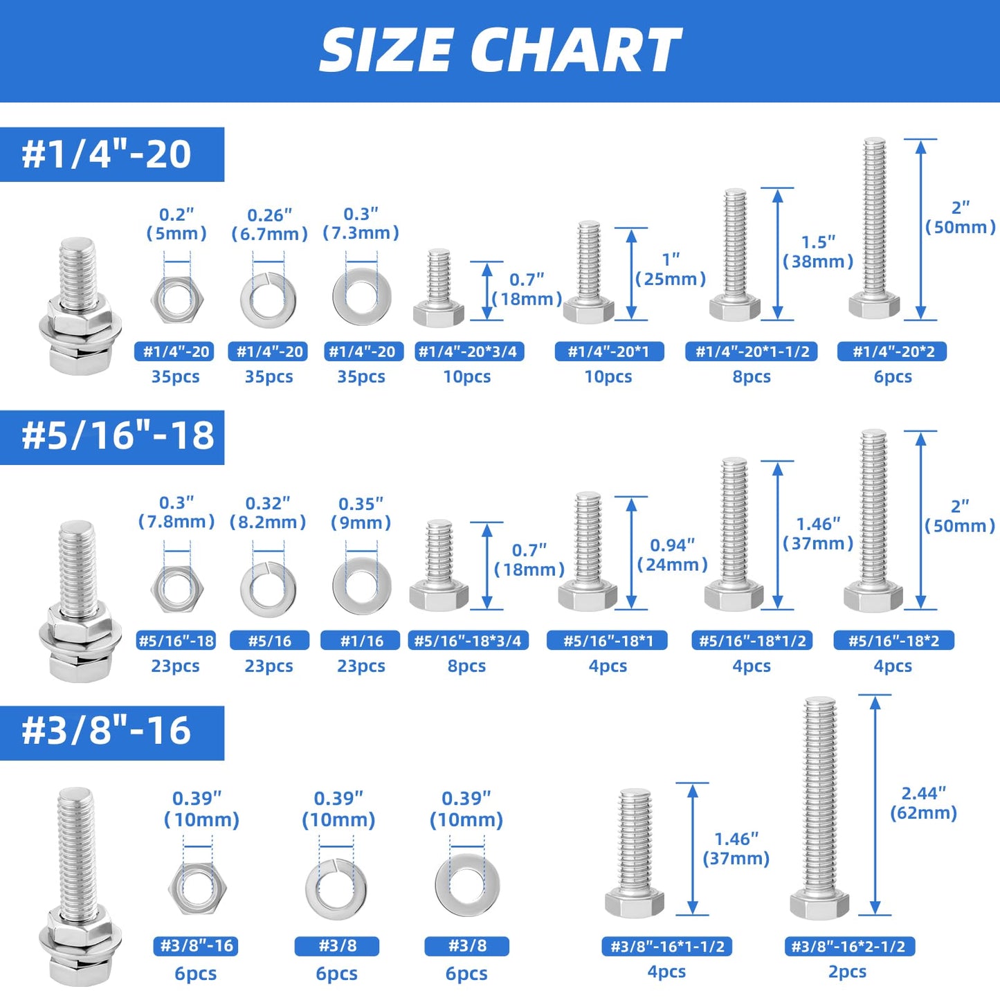 Besitu 252Pcs Hex Bolts and Nuts Assortment Kit, 1/4-20, 5/16-18, 3/8-16 Assorted Bolts Nuts and Washers Kit, 304 Stainless Steel Machine Screw Sets with Case