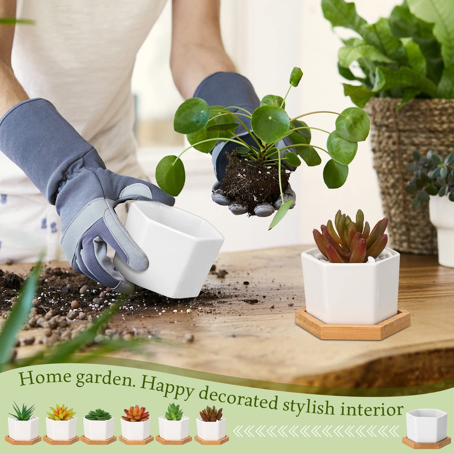 Gerrii Succulent Pots Mini White Ceramic Flower Planter Pot Succulent Planters with Wooden Trays and Drainage Holes for Plants Cactus Home Office Decoration, Plants Not Included(24 Pcs)