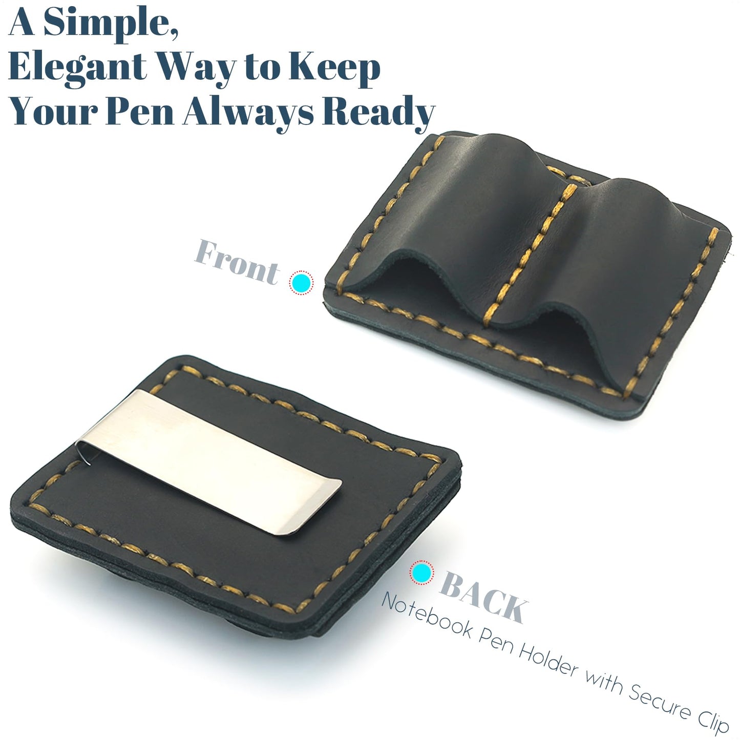 ESSSO Pen Holder for Notebook – Handmade Vintage Top-Grain Leather Notebook Pen Holder with Clip & Pen Loop for Journal, Planner & Bible (Black)