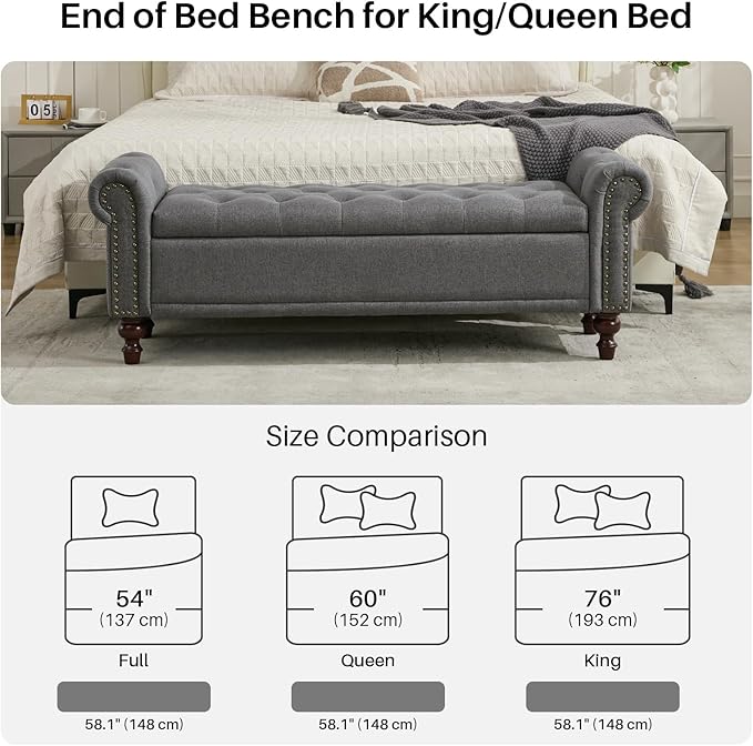 SOFTHION 58.1" Storage Bench Upholstered Linen End of Bedroom Bed Bench Ottoman
