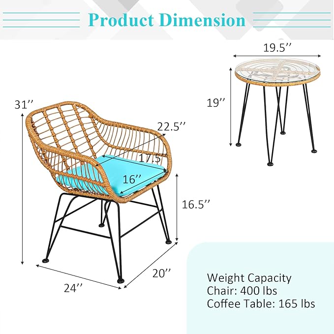 Tangkula 3 Pieces Patio Bistro Set, Rattan Conversation Set