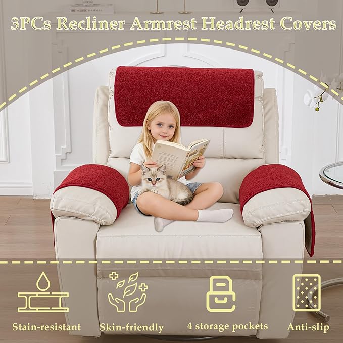 Armrest Covers - Arm Chair Covers Set of 3 Recliner Chair Covers,