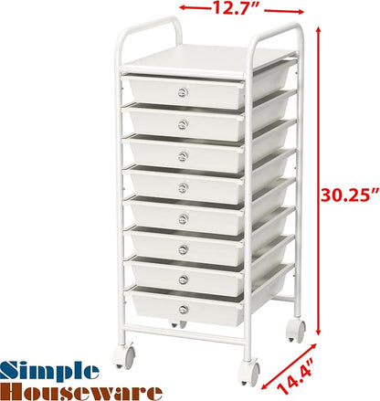 Simple Houseware Utility Cart with 8 Drawers Rolling Storage Art Craft Organizer, White