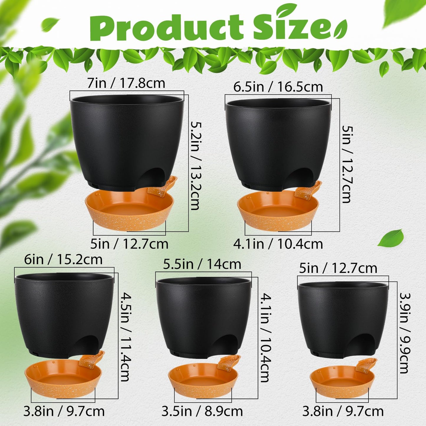 Remerry 15 Pcs 7/6.5/6/ 5.5/5 Inch Self Watering Planters with Drainage Hole Plant Pots Plastic Flower Pots Self Watering Pot and Saucer Reservoir for Garden Plant Flower(Black)
