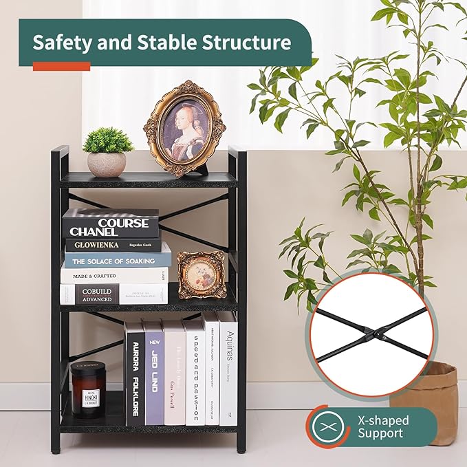 Yoobure Bookshelf Small Book Shelf, Solid Industrial 3 Tier Shelf Bookcase