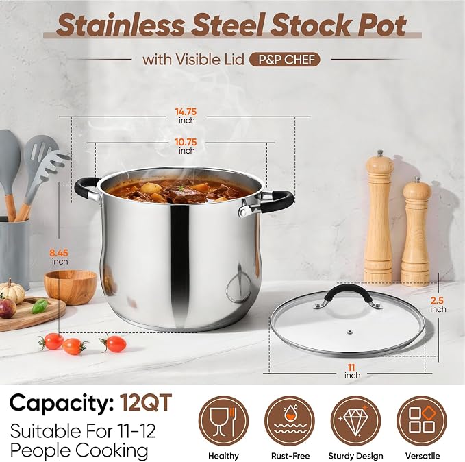 P&P CHEF Stainless Steel Stock Pot, 12 Qt Cooking Soup Pot with Visible Lid for Pasta, Tri-Ply Bottom & Dual Heatproof Handles, For Induction Gas All Stoves, Non-Toxic & Dishwasher Safe