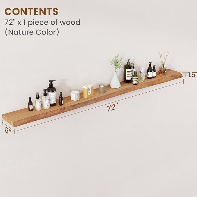Floating Shelves for Wall Decor, Rustic Solid Elm Wood Live Edge Floating