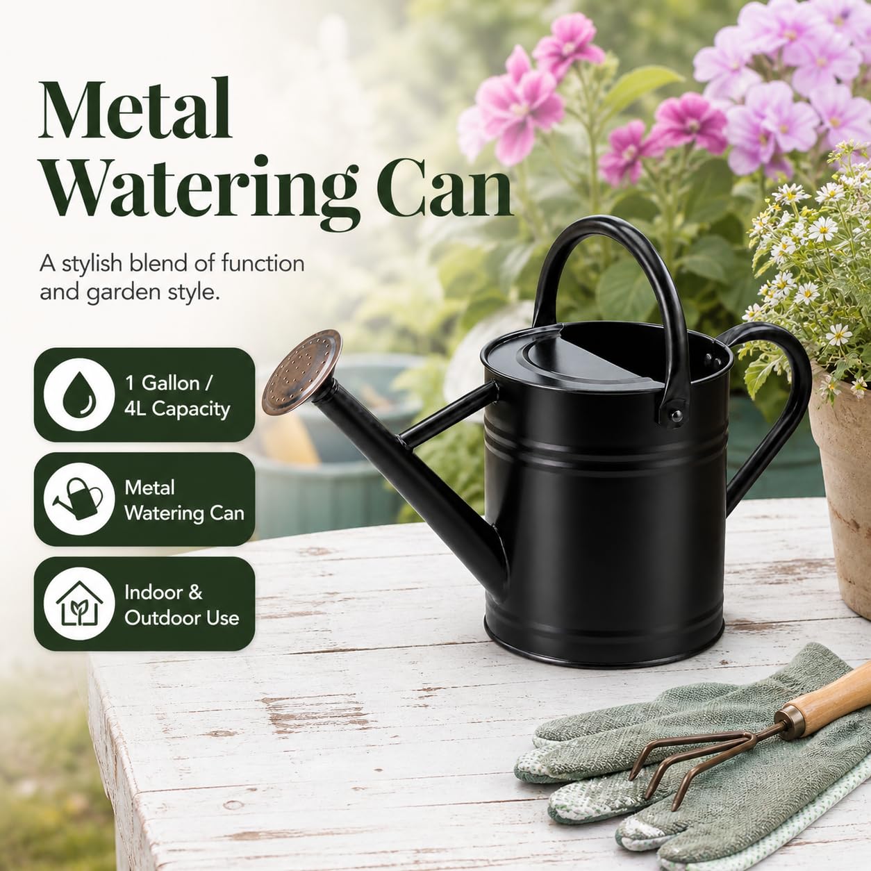 1 Gallon Metal Watering Can for Indoor Outdoor Plants, Galvanized Steel Watering Can with Removable Spout, 2 Stainless Steel Handles, Garden Flower Watering Pot