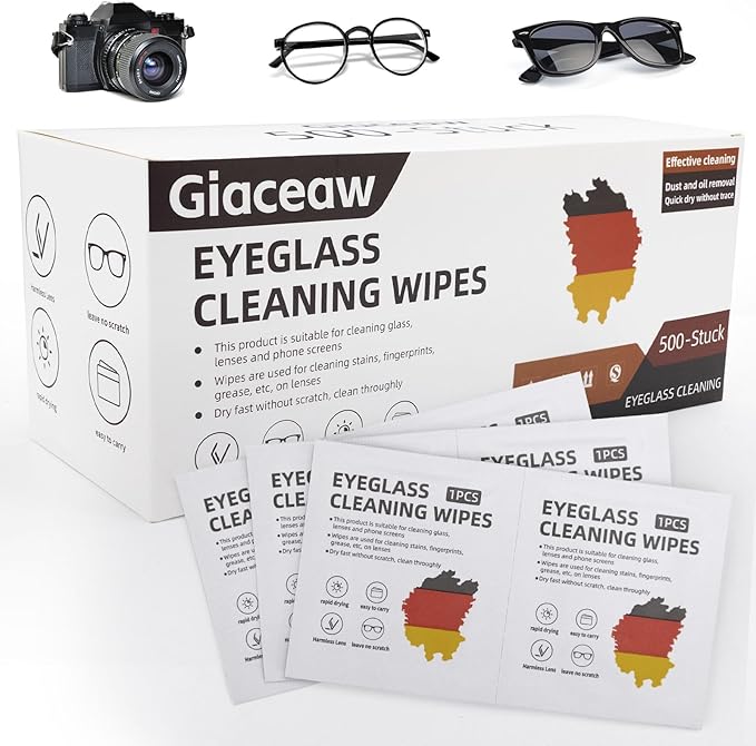 Lens Wipes for Eyeglasses (500 Count), Pre-moistened Cleaning Wipes, Non-Scratching and Streak-Free, Individually Packaged, Suitable for Cleaning Camera Lenses, Sunglasses, and Optical Equipment