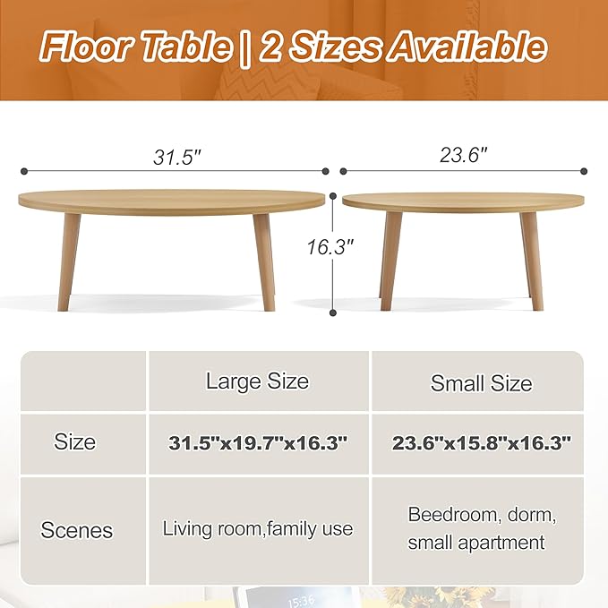 Coffee Table Low Table with Solid Wood Legs, 31.5x19.7 Large Coffee Table Side Table, Floor Table Desk for Sitting on The Floor, Living Room Furniture for Office Apartment Home, Pebble-Natural
