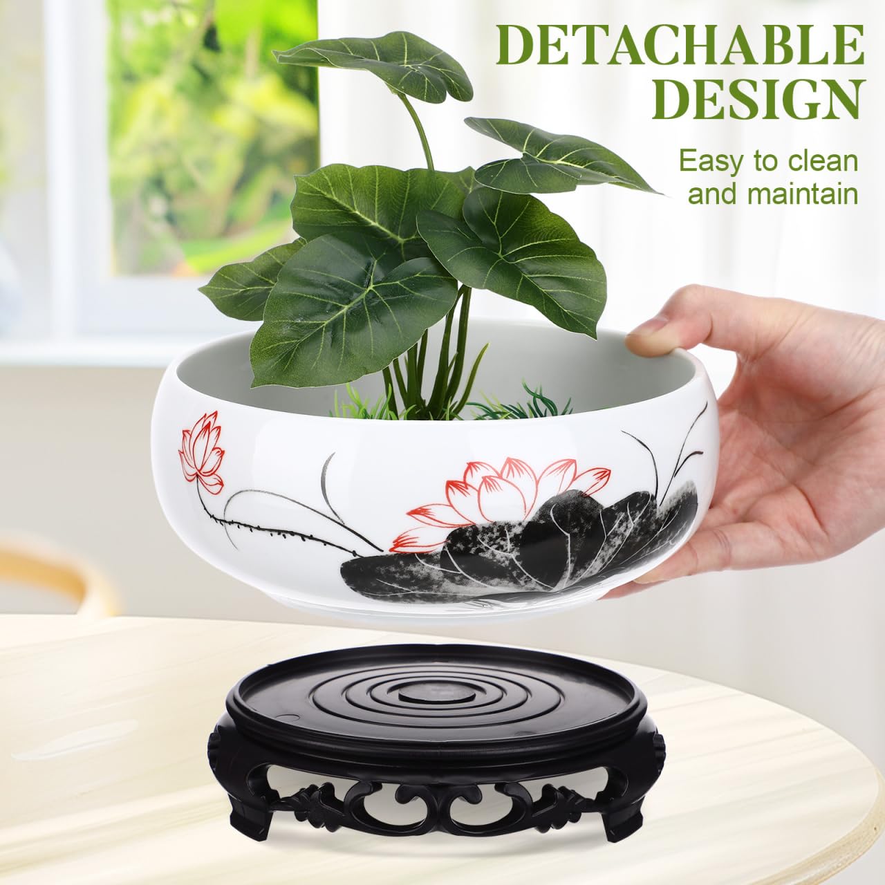 HANABASS Ceramic Lotus Bowl, Water Lily Bowl, Hydroponic Flower Planter Pot Round Ceramic Indoor Pot with Plastic Holder for Plants Modern Decorative Container for Home Office and Garden