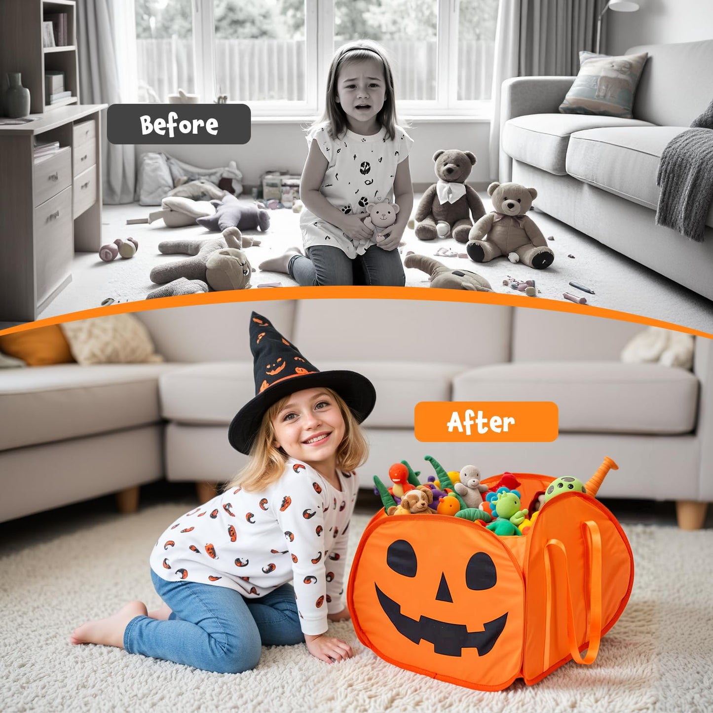 YOHOOLYO 95L Large Cute Halloween Pumpkin Boo Basket with Handles, Trick or Treat Candy Bucket Bag, Halloween Decor for Kids, Candy Buckets & Tote Bags for Party Favor Supplies