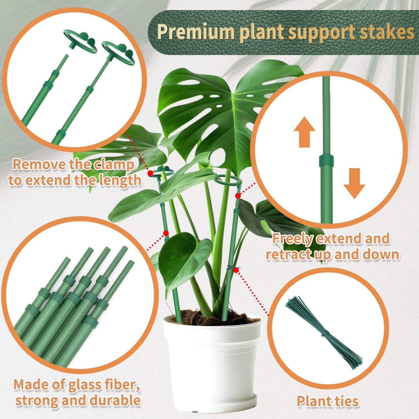 Telescoping Plant Stakes,5Pcs 17.9In to 42.3In Adjustable Monstera Plant Support Orchid Sticks with Clips, Plant Sticks Support Tall for Monstera,Orchids,Tomatoes,Vines & Indoor Outdoor Plants