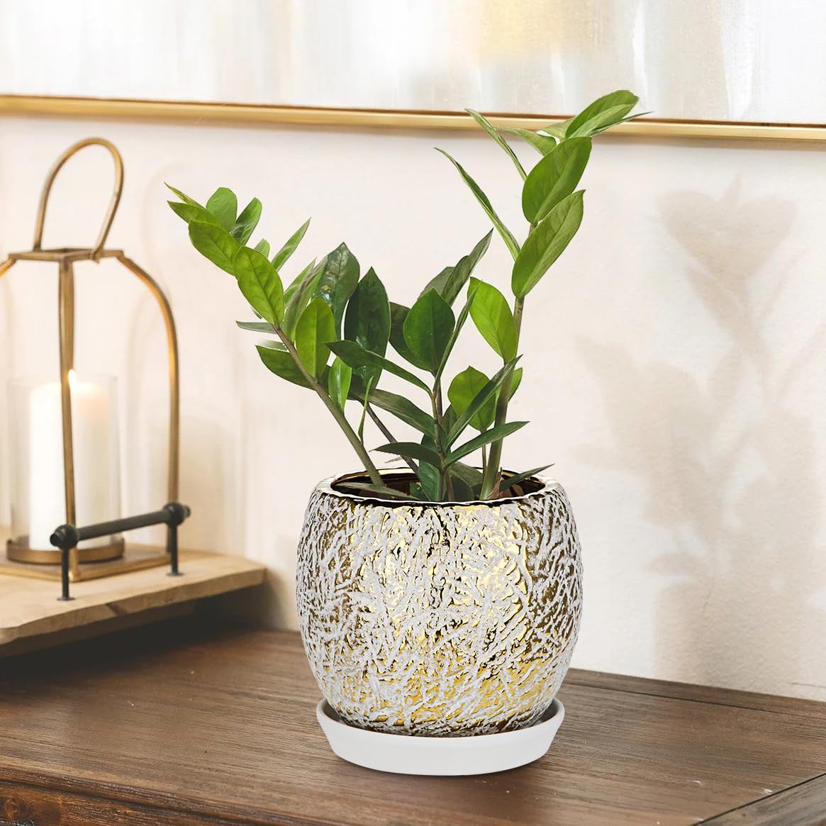 Ceramic Plant Pots for Plants Indoor 5.3 Inch Round Gold and White Flower Pot Gilded Decorative Planter with Drainage Hole and Saucer Modern Ceramic Pot for Succulents Orchids Cactus Herbs Home Decor