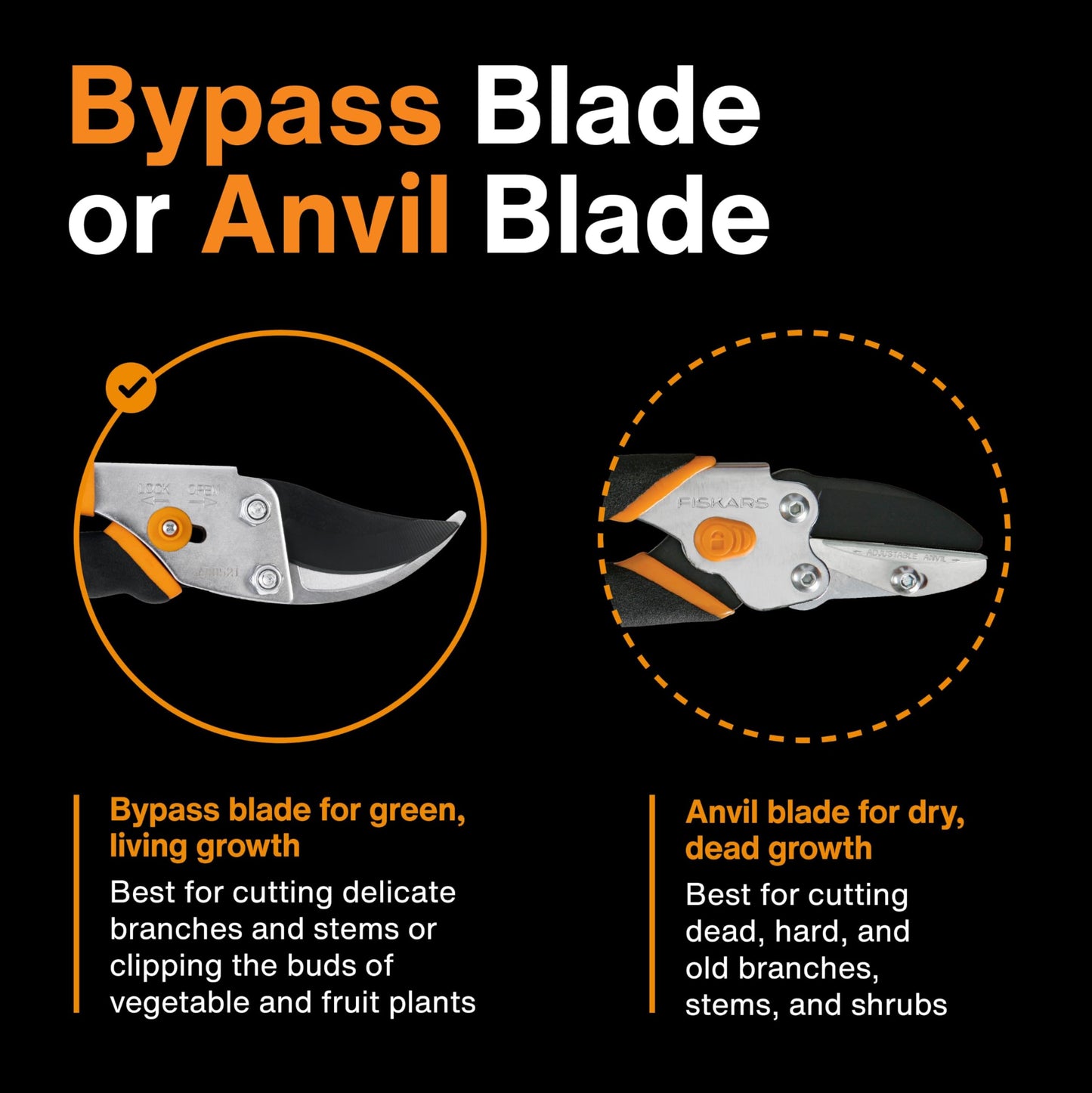 Fiskars Bypass Pruning Shears, 5/8" Cut Capacity Gardening Scissors, Self-Cleaning Sap Groove Prevents Sticking, Non-Slip Grip for Cutting Stems & Branches, Sharp Steel Blades w/ Low-Friction Coating
