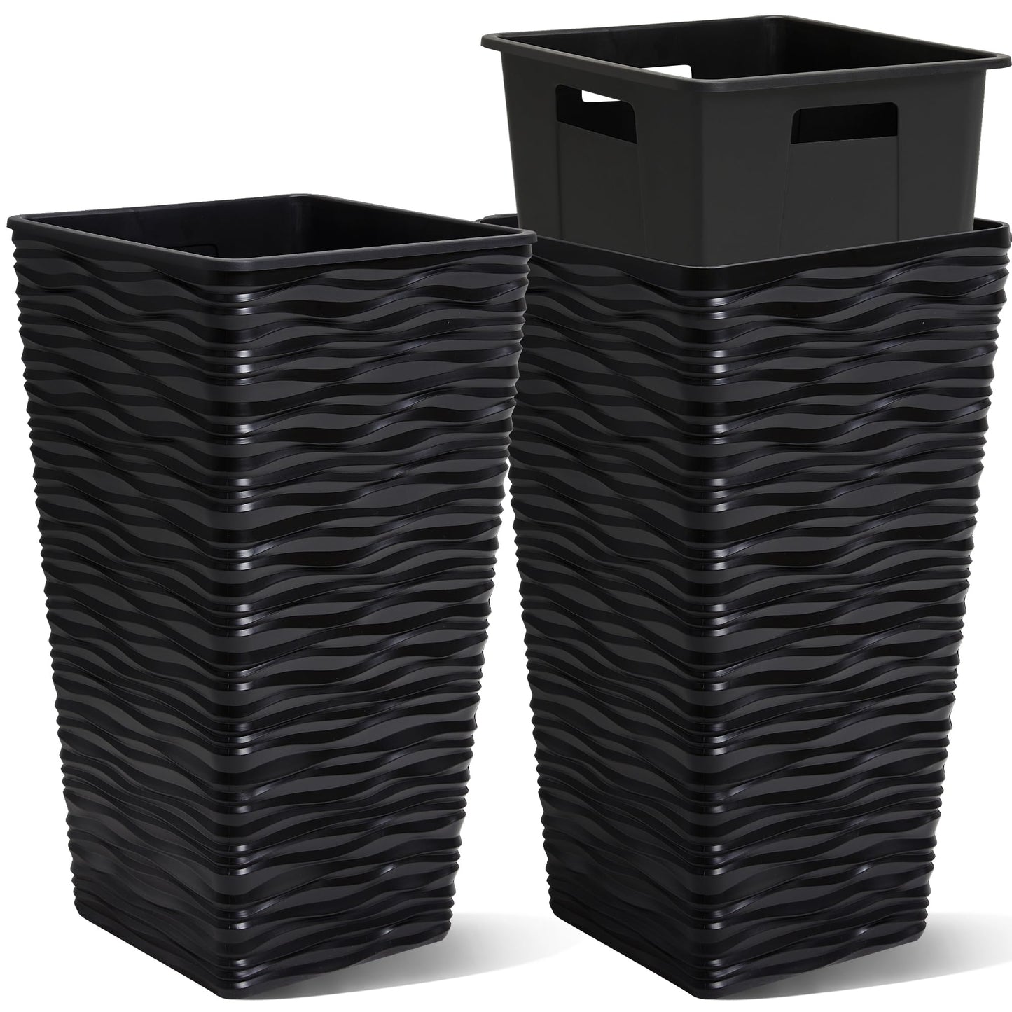 Worth 2 Pack 22" Tall Plastic Square Tapered Planter with Inside Pots for Indoor or Outdoor Use, Modern Wavy Finish for Front Porch or Deck, Black