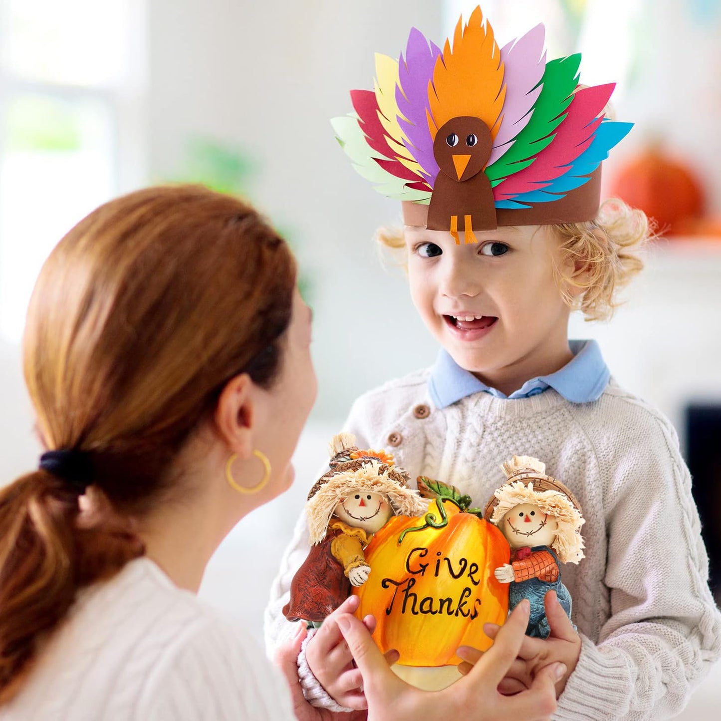 Hodao Fall Thanksgiving Resin Scarecrow Pumpkin Figurines - Adorable Scarecrow Embrace Pumpkin Decorations for Home Indoor Table Decor-Fall Thanksgiving Gifts