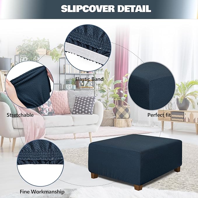 NeColorLife Square Ottoman Cover Jacquard Fabric Thick Stretchable Slipcover