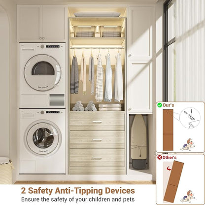 Besiost Closet System Set of 2, 4FT Closet Systems with 6 Wood Drawers, 48" Closet Organizer System with 2 Hanging Rods & 2 Shelves, Heavy Duty 48 Inch Walk-in Closet, White Oak (48"L x 15" W x 80" H)