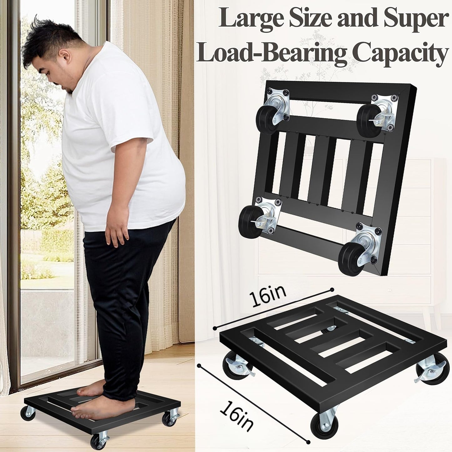 LUBORN Heavy Duty Plant Caddy with Wheels, 16'' Metal Rolling Plant Stand Indoor Outdoor, 2 pcs Square Plant Dolly with Lockable Caster Wheels Holds up 400 Lbs Planter (Black)