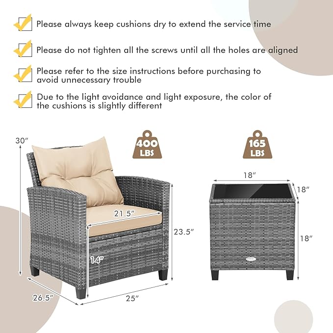 COSTWAY 3PCS Patio Furniture Set, PE Rattan Wicker Sofa w/Washable Cushion and
