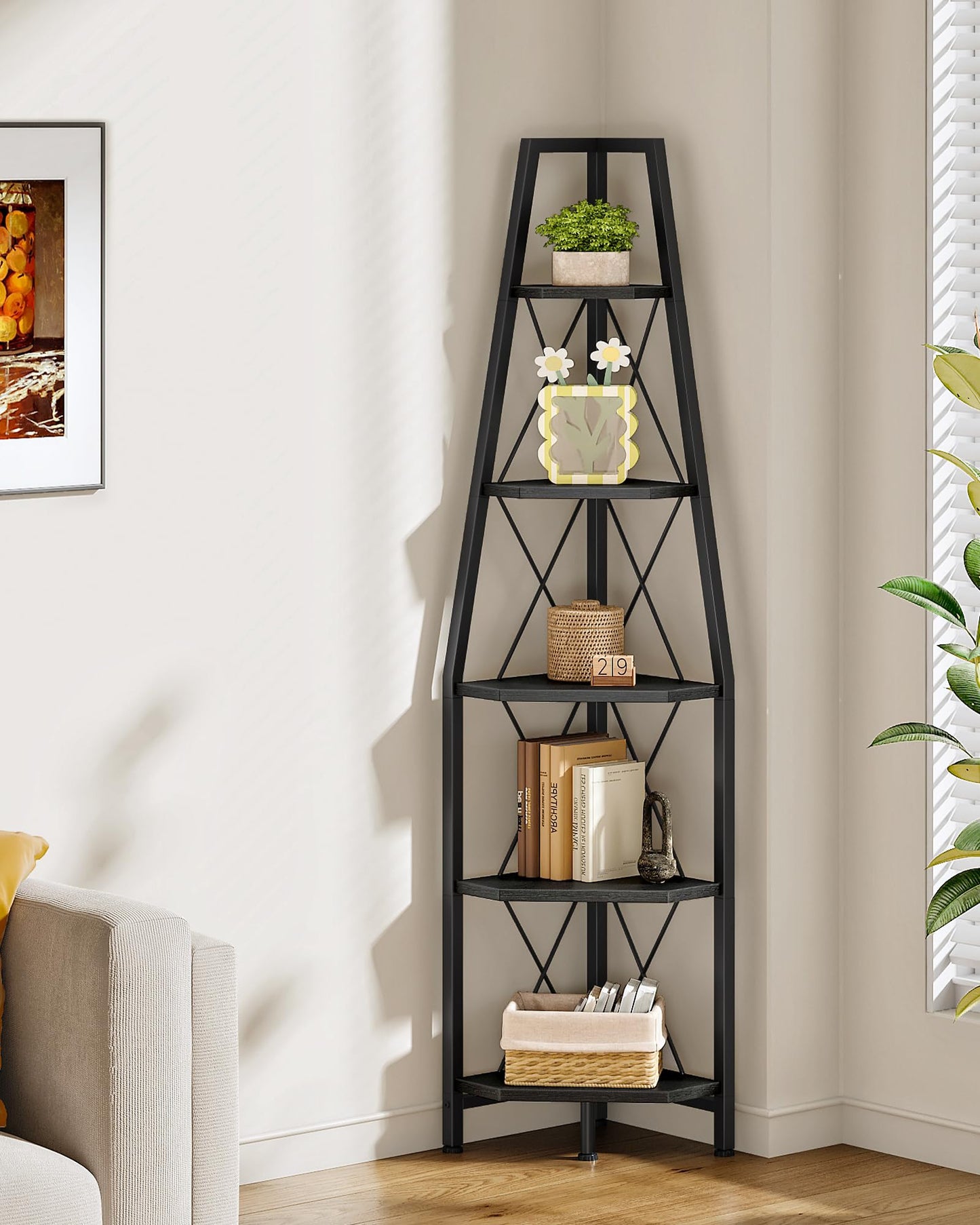 CHOEZON 5-Tier Corner Shelf, Corner Bookshelf, Ladder Shelf, Floor Standing Storage Rack, Open Display Stand, Plant Stand, for Living Room, Bedroom, Study, Bathroom, Black TCJ22BB