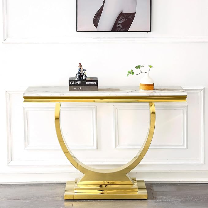 Henf 47" Marble Console Table Modern White Faux Marble Entryway Table