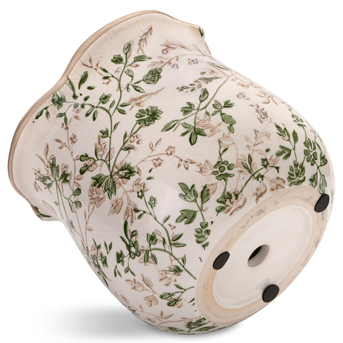behen bahen Vintage Ceramic Planter Pot with Drainage Holes, Green Floral Design, 6.11 Inch, Distressed Tuscan Style, Indoor Plant Pot and Vase (Sage Beige)