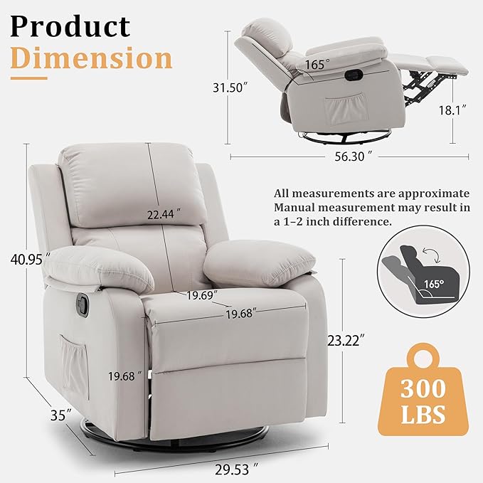 Korser Recliner Chair, 360 Swivel Rocker Chair