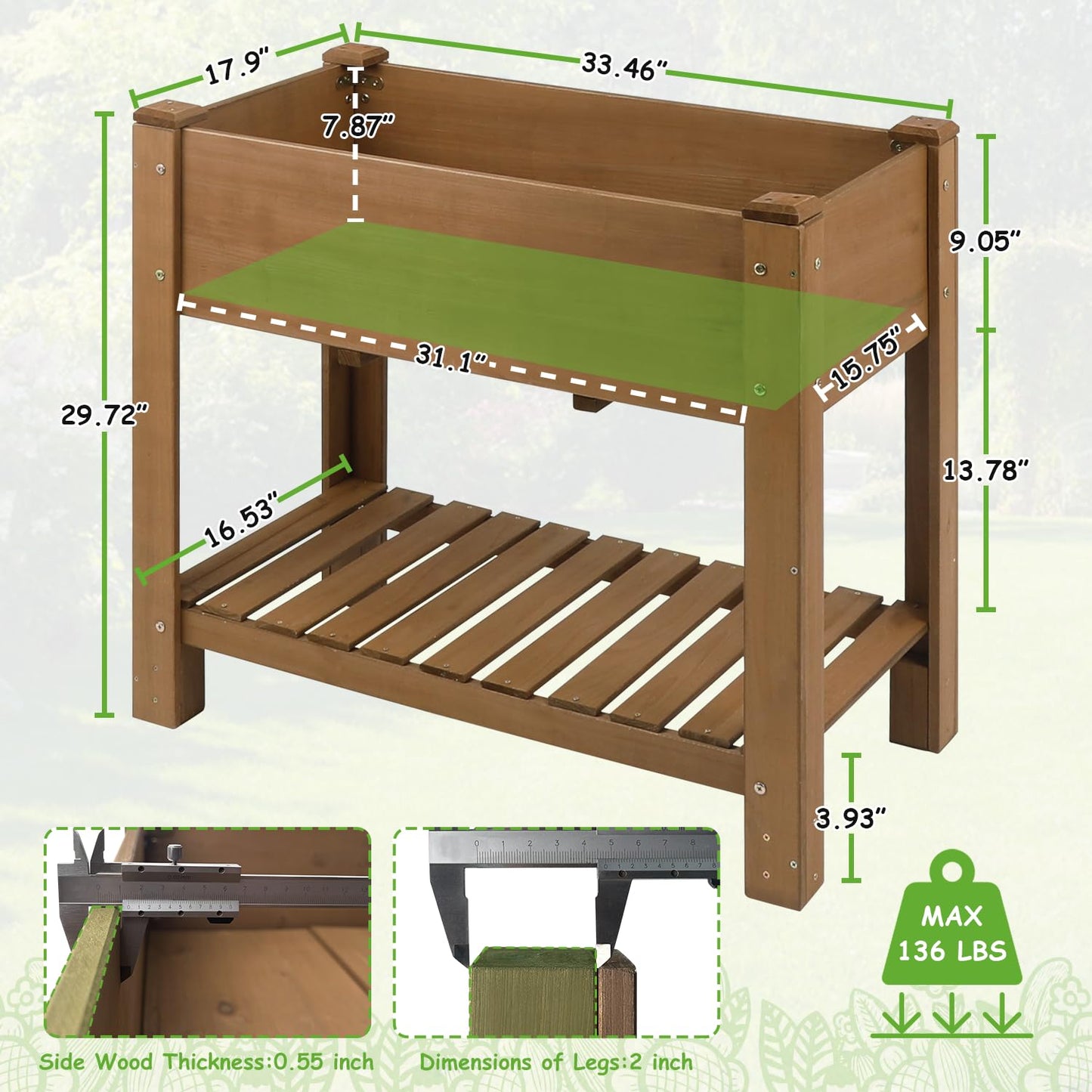 PetsCosset Raised Garden Bed Wooden Elevated Planter Box with Legs, Protective Liner Reinforced for Vegetables Herbs Flowers for Outdoor Patio Backyard Balcony Gardening (33.46 X 17.9 X 29.72 inches)