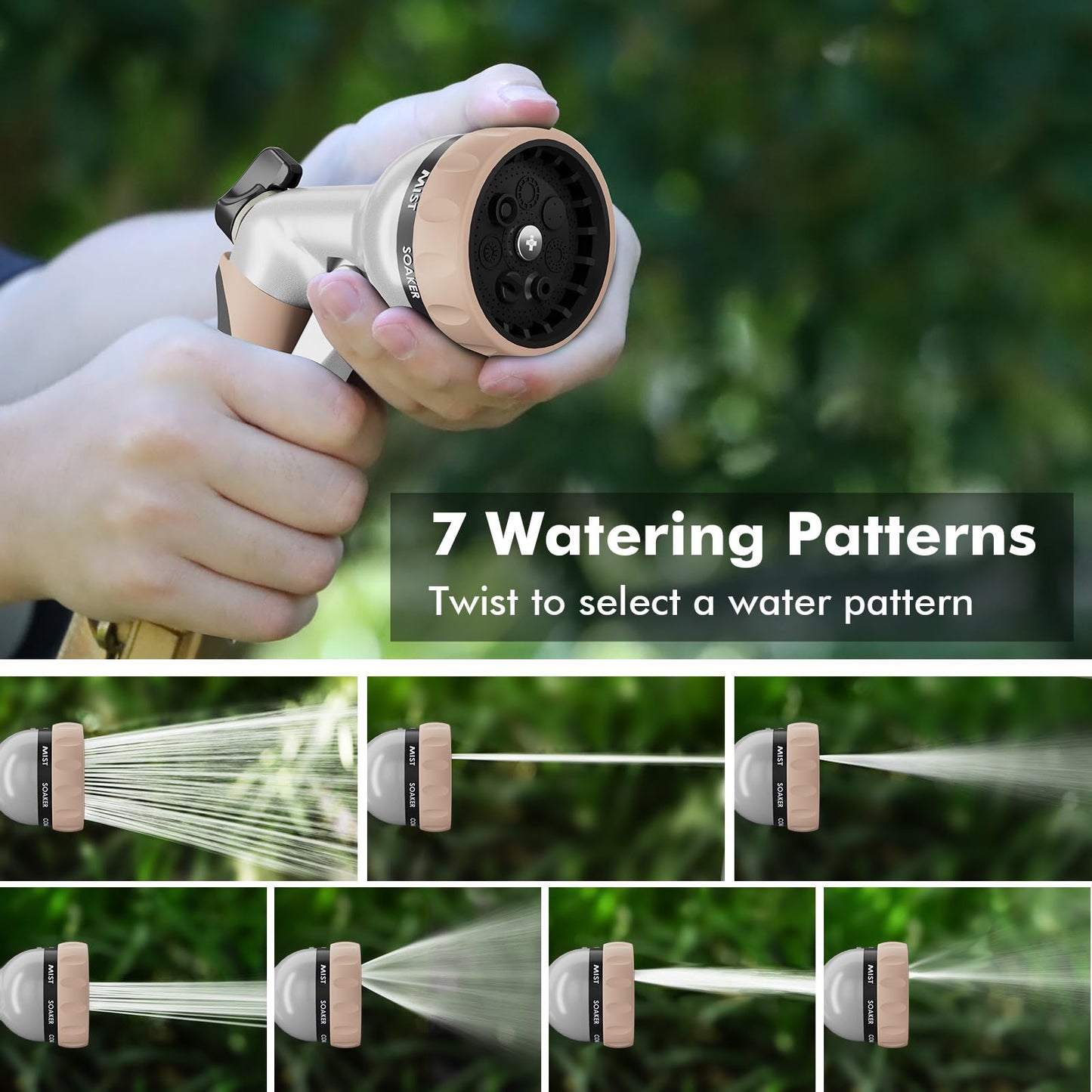 RESTMO Garden Hose Nozzle, Heavy Duty Metal Water Hose Nozzle with 7 Adjustable Spray Patterns, High Pressure Hand Sprayer with Flow Control, for Watering Plants & Lawns, Washing Cars & Pets, Gold