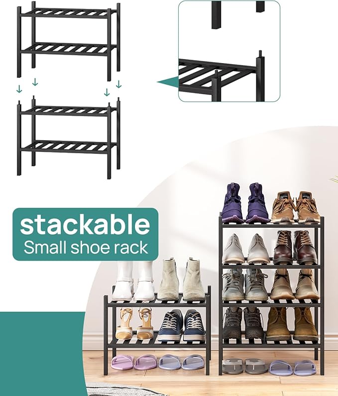 viewcare Black Small Shoe Rack for Entryway, 2-Tier Bamboo Shoe Organizer for