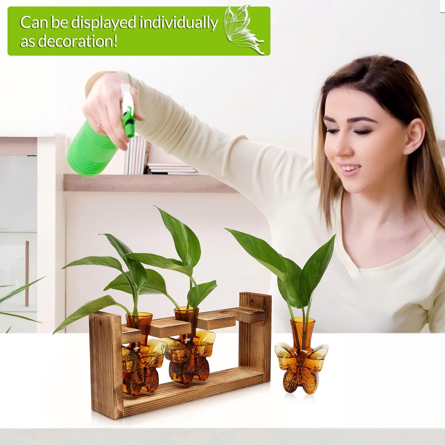 Glass Plant Propagation Station Butterfly Vases for Plants Birthday Gifts for Women Mom Office Home Decoration with Wooden Stand