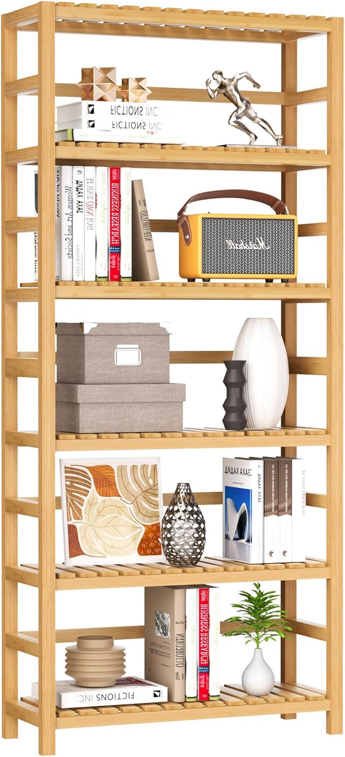 VASMIA 6-Tier Bamboo Shelf, Bamboo Storage Shelving Unit, Tall Bookcase