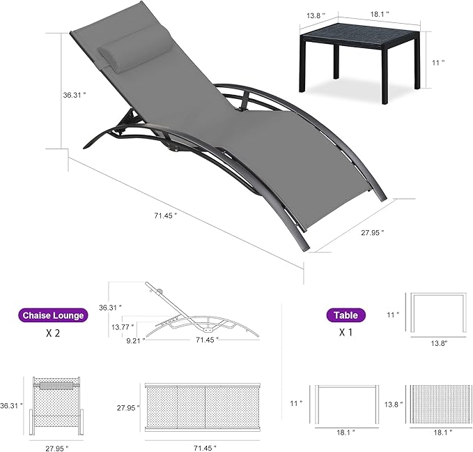 PURPLE LEAF Patio Oversized Chaise Lounge Chair Set