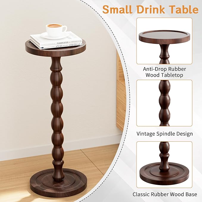 Solid Wood Drink Table, Rubber Wood‌ Small Round Side Table