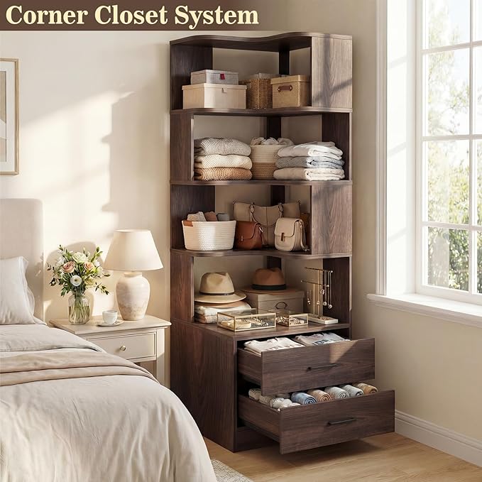 Armocity Corner Bookshelf with Drawers, 7 Tier Corner Book Shelf Display