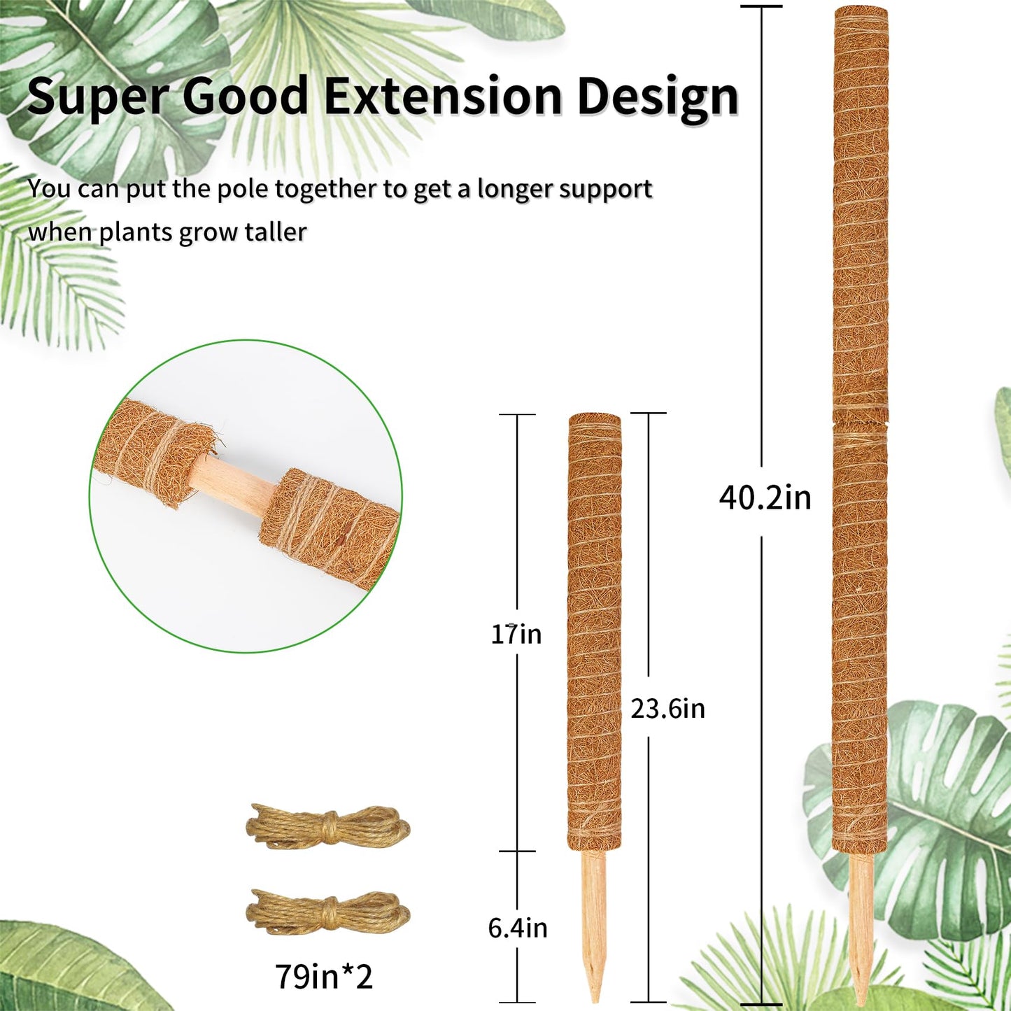 JJGoo Moss Pole for Plants Monstera,【4 Pack】 23.6 inch Plant Support Pole, Extendable Coir Totem Pole for Potted Plants Pothos,Train Indoor Climbing Plants to Grow Upwards - Extends to 74.6 Inches