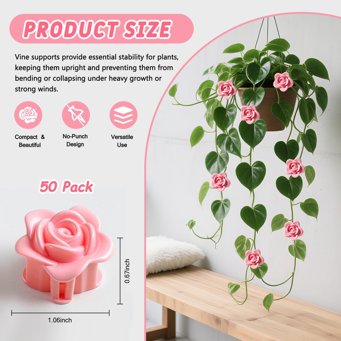 50 Pack Plant Vine Wall Clips – Decorative Flower Clips for Climbing Plants, Indoor & Outdoor Garden Vine Holders, Pink, Tool-Free Use, ABS Plastic