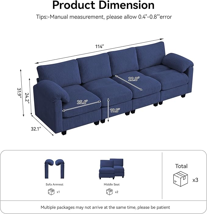 114'' Sectional 4 Seater Couch, Oversized Modular Couches