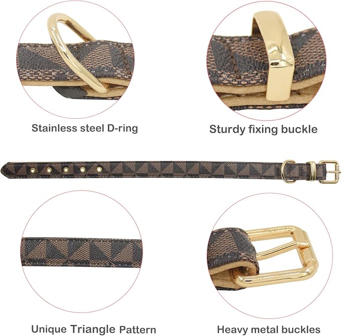 Leather Dog Collar and Leash Set, Check Pattern Dog Collar Leashes Metal Buckle Adjustable Durable for Small Medium Large Dogs (Brown, L(14.5-18.5IN))