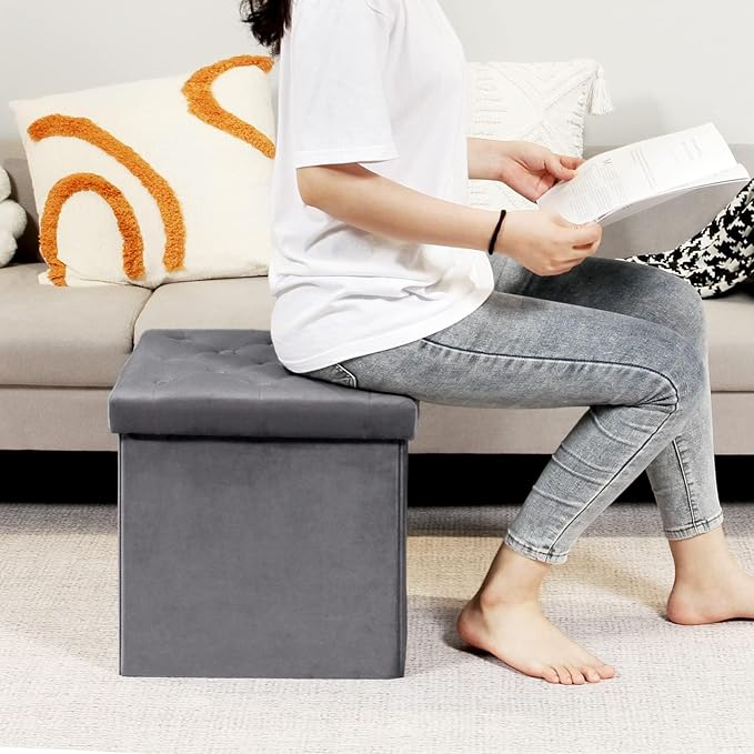 B FSOBEIIALEO Storage Ottoman Cube, Velvet Tufted Folding Ottomans