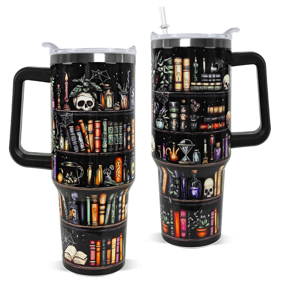 Nqhsionv Book Lovers Gifts 40oz Halloween Book Lover Tumbler Goth Skull Bookshelf Coffee Travel Mugs Christmas Insulated Cup Gifts for Women Readers,Reading,Bookish,Librarian