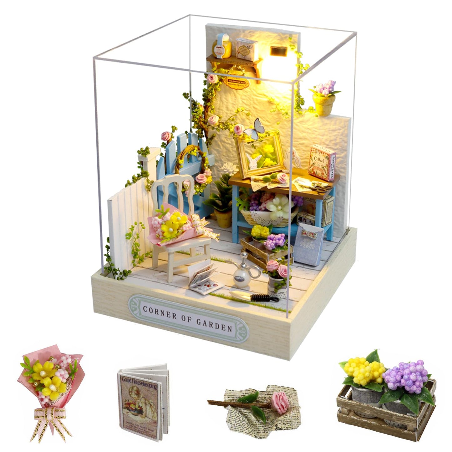 CUTEROOM DIY Doll House Miniature Furniture Wooden House Kit with Dust Cover & LED Light and Accessories -Corner of Garden