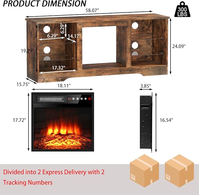 PRETZI Fireplace TV Stand with 18" Fireplace Up to 65" TVs, TV Media Console