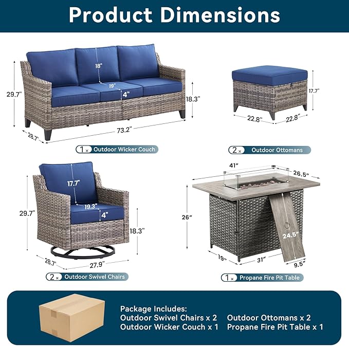 Patio Furniture Set with 42.5" Fire Pit Table-6 Pieces All Weather Wicker