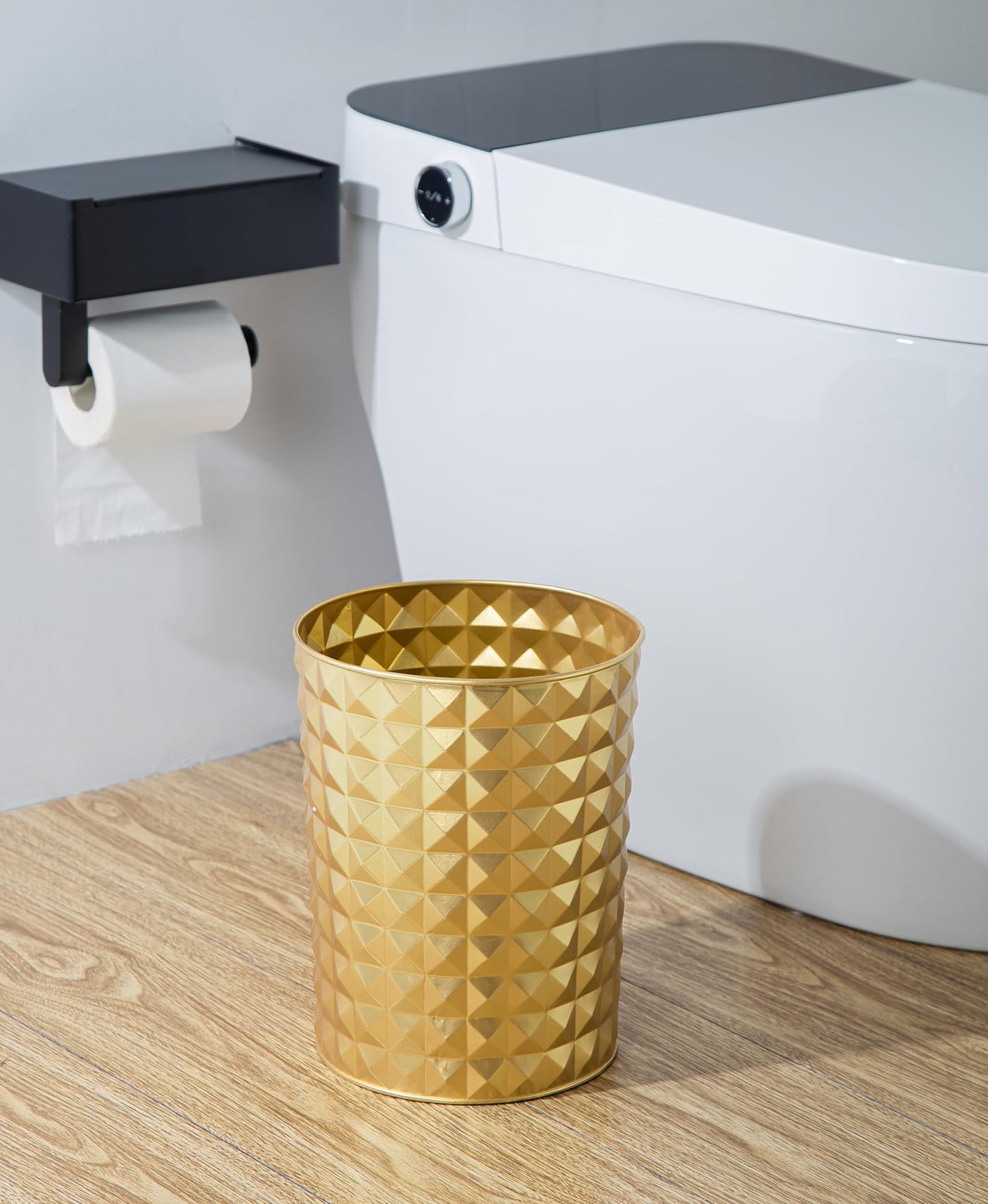Venalys Small Round Metal Trash Can Wastebasket, Decorative Diamond Pattern Garbage Can Waste Paper Bin, Modern Farmhouse Round Trash Bin for Bathroom, Bedroom, Kitchen and Office (Gold)