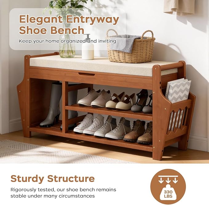 oakvivo 39.4in Shoe Bench with 2 Side Holder, 3 Tier Bamboo Entryway Bench with