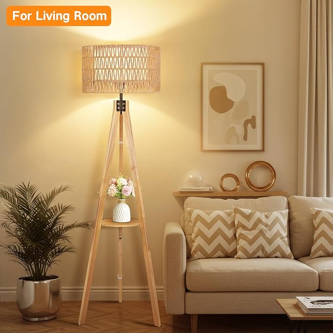 OUTON Boho Rattan Tripod Floor Lamp